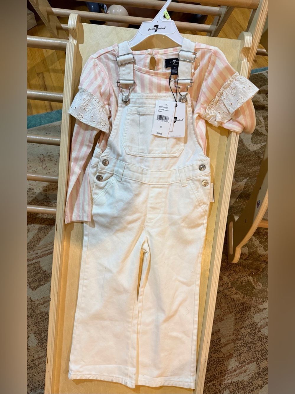 7 For All Mankind Girls 4T White Denim Overalls & Stripe Top Set NWT